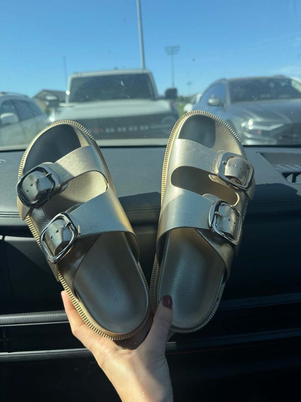 Mia Double Buckle Slide Sandals Size 7.5 Gold Metallic